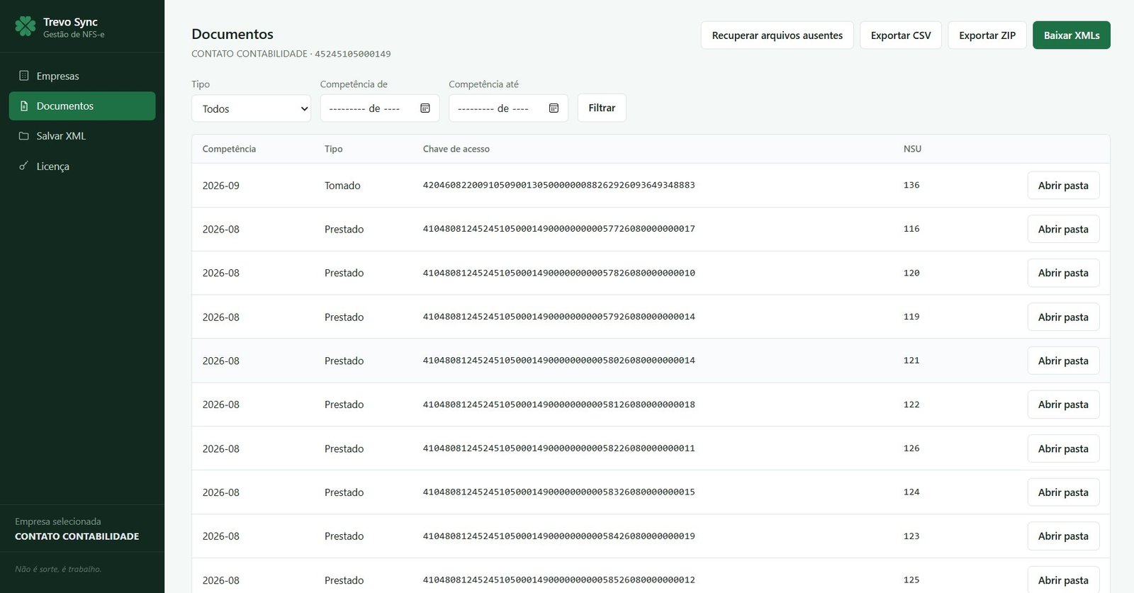 Tela Documentos do Trevo XML listando NFS-e por competência, tipo, chave de acesso e NSU