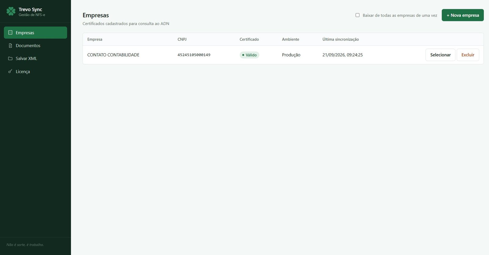 Tela Empresas do Trevo XML com CNPJ, status do certificado, ambiente e última sincronização